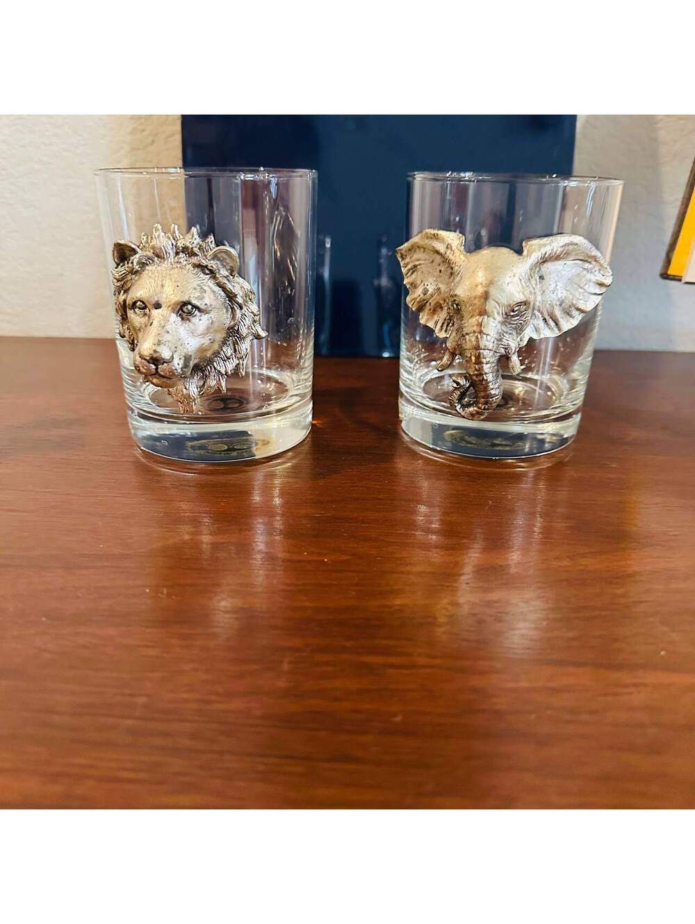Arthur Court Safari Lion Elephant Whiskey Rocks Glasses Set of 2